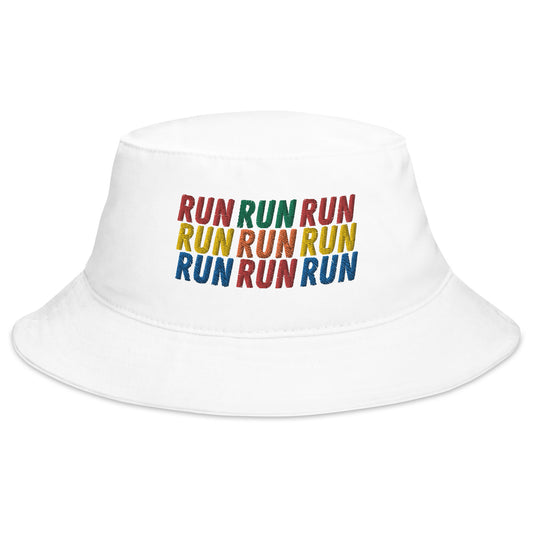 running white bucket hat